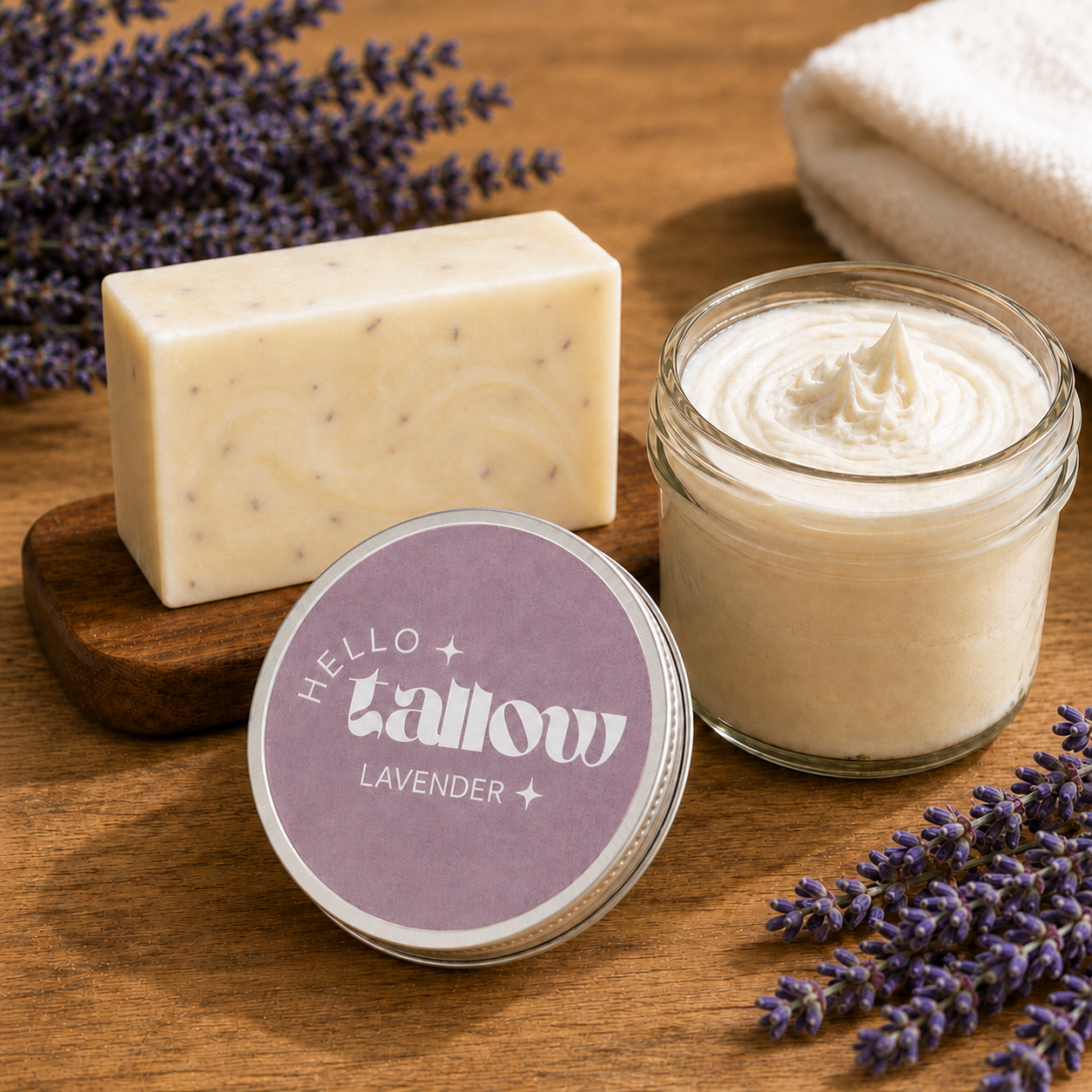Hello Tallow Lavender Duo Bundle — Balm + Soap whipped beef tallow balm in a glass jar
