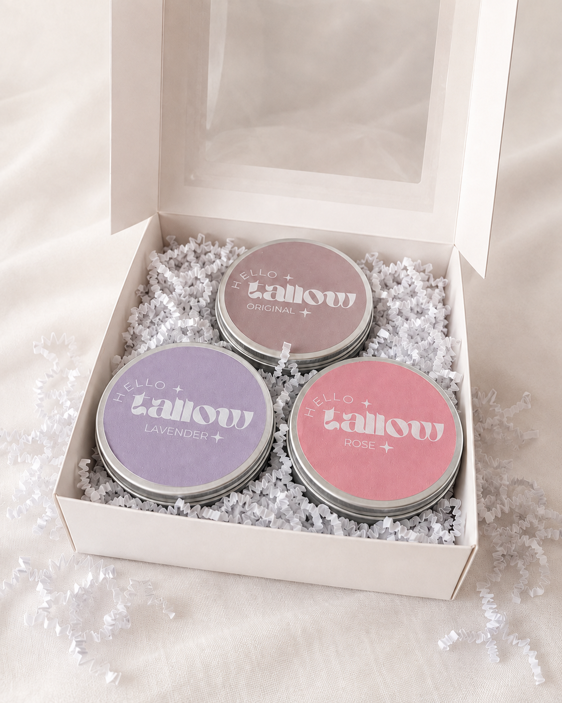 Hello Tallow 3 Tallow Gift Set whipped beef tallow balm in a glass jar