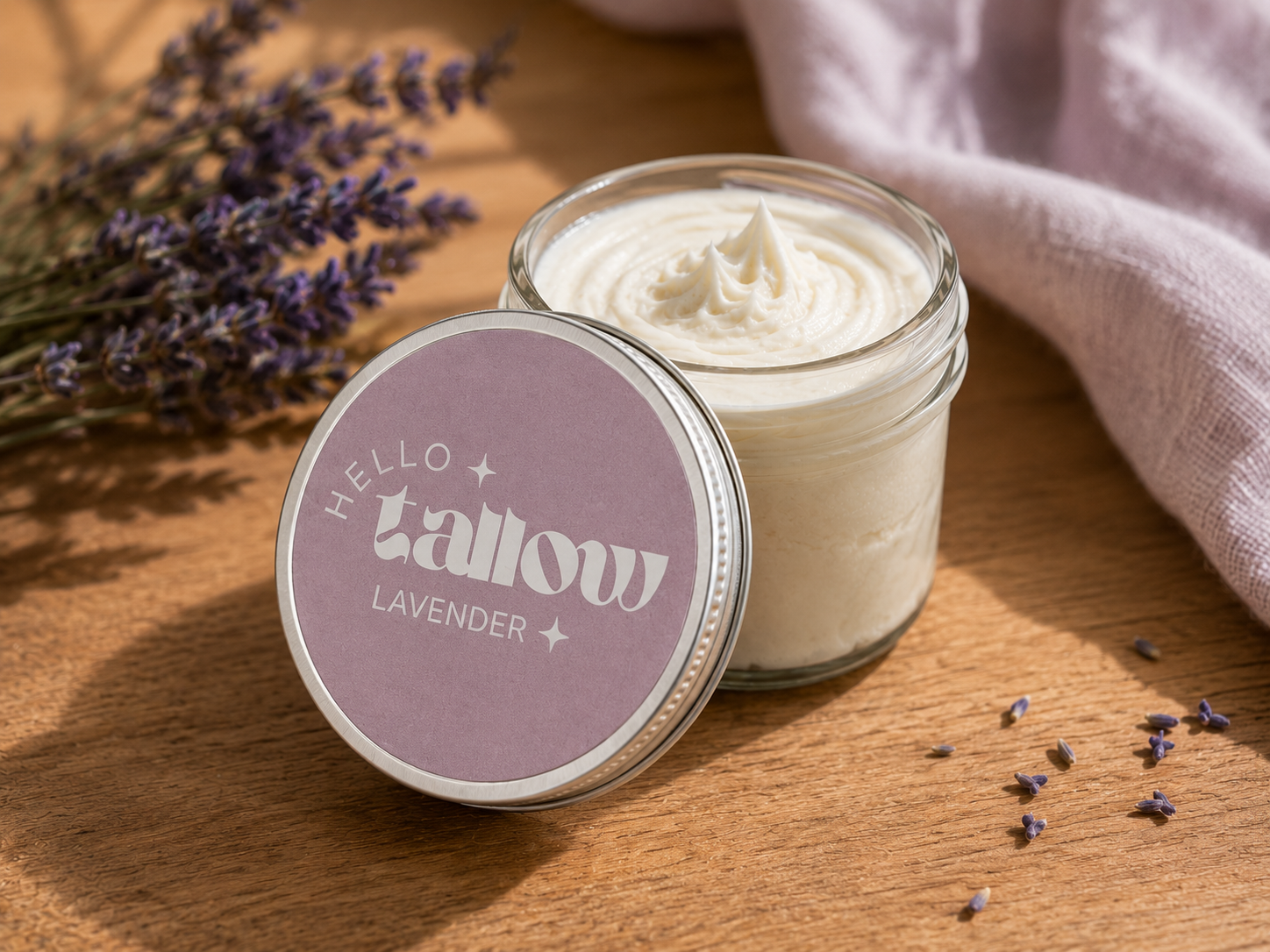 Hello Tallow Lavender whipped beef tallow balm in a glass jar