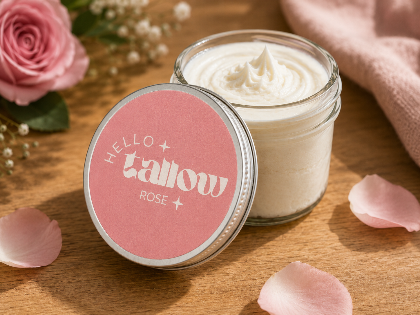 Hello Tallow Rose whipped beef tallow balm in a glass jar