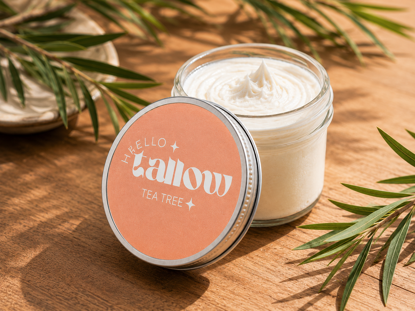 Hello Tallow Tea Tree whipped beef tallow balm in a glass jar